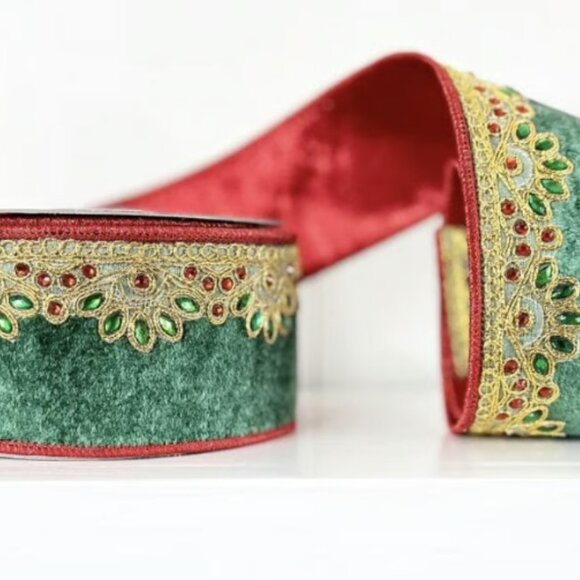 Green Scrolled Jewel Velvet Ribbon Christmas Trim Trimming Craft Supplies - Picture 6 of 7